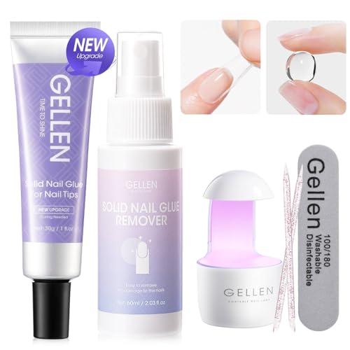Gellen Solid Nail Glue Gel for Press On Nails, 30g Nail Glue Set with Nail Glue Remover and UV Light for Fake Nails, Nail Glue UV Gel Strong Adhesive Acrylic Nail Tips Nail Art Home