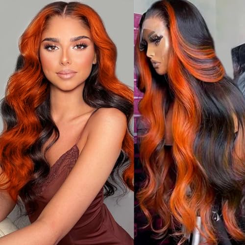 Ginger 13x6 Lace Front Wigs Human Hair 200% Density Body Wave Colored Wigs Pre Plucked Highlight Ombre Ginger Orange Colored Wig HD Transparent Lace Frontal Wigs For Black Women 26 Inch