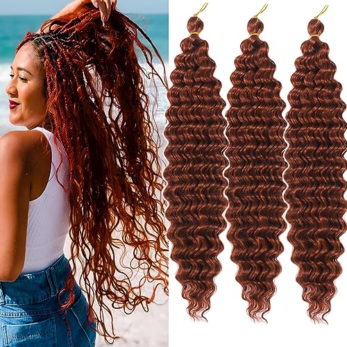 Ginger Deep Wave Braiding Hair 18 Inch Ocean Wave Crochet Hair 350 Color 3 Packs Curly Braiding Hair for Goddess Braids Copper Synthetic Wavy Braiding Hair for Women(3Packs, 350#)