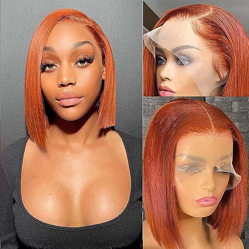 Ginger Lace Front Bob Wigs Human Hair Short Straight 13x4 Lace Frontal 350# Color Bob Wig Pre Plucked 150% Density Glueless Brazilian Virgin Human Hair Wigs For Women 10inch