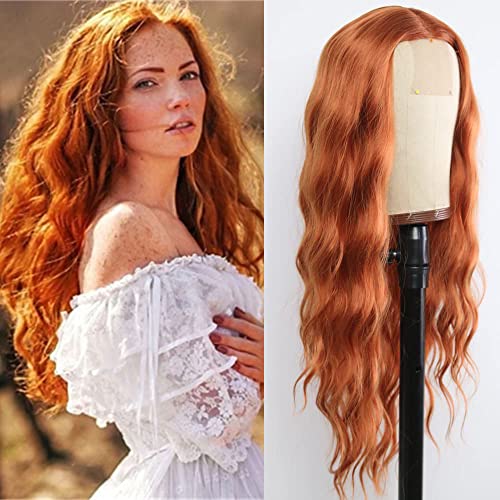Ginger Orange Color Lace Front Wigs Loose Wave Wigs for Fashion Women Heat Resistant Natural Wave Auburn Wigs Long Wavy Synthetic Hair Replacement Wigs 24 Inch Light Brown Wig