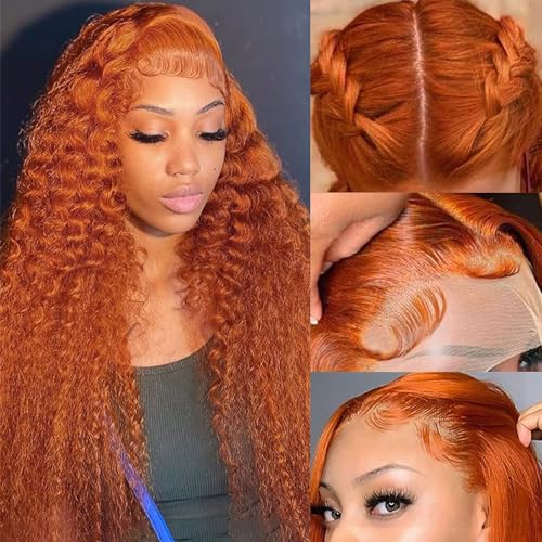 Ginger Orange Deep Wave Lace Front Wigs Human Hair Colored 13x4 HD Transparent Lace Frontal Wig Human Hair for Black Women 180% Density Glueless Curly Wigs with Baby Hair Pre Plucked 26 Inch