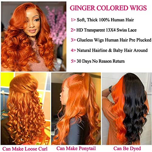 Ginger Orange Lace Front Wigs Human Hair Pre Plucked Natural Hairline Body Wave 13x4 HD Lace Frontal Human Hair Colored Wig 180% Density Wigs For Black Women 88J Color 32 Inch - Image 3