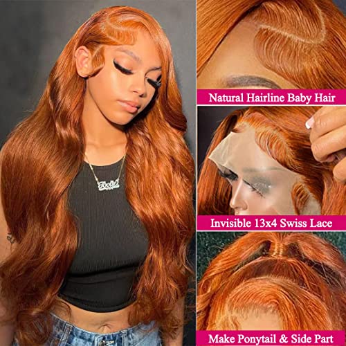 Ginger Orange Lace Front Wigs Human Hair Pre Plucked Natural Hairline Body Wave 13x4 HD Lace Frontal Human Hair Colored Wig 180% Density Wigs For Black Women 88J Color 32 Inch - Image 2