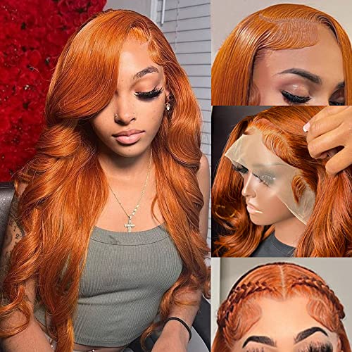 Ginger Orange Lace Front Wigs Human Hair Pre Plucked with Baby Hair Body Wave 13x4 HD Lace Frontal Wigs Human Hair Colored 180% Density Brazilian 88J Wigs for Women 28 Inch