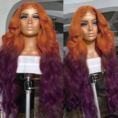 Ginger to Dark Purple Ombre 26 Inch Body Wave Human Hair Wig 150% Density Lace Front - Image 6
