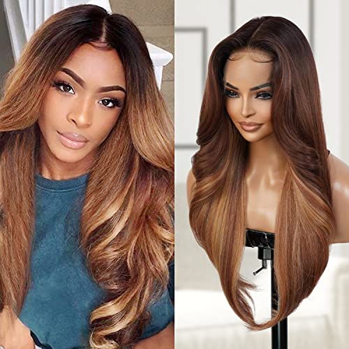 GLAM21USA 28 Inch Human Hair Blend Balayage Caramel HD Lace Front Wig