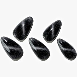GLAMERMAID Black Cat Eye Press on Nails Medium Almond, Handmade Jelly Magnet Gel Fake Nail, Gloss Glitter Magnetic Glue on Nail Short Oval, Reusable Acrylic Stiletto Stick on False Nail Kit for Women