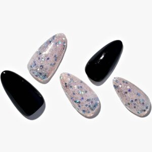 GLAMERMAID Black Press on Nails Short, Nude Glitter Medium Almond Glue on Gel Nails, Handmade Fake Nails Acrylic False Nails Stick on Nails Sets Kits Reusable Acrylic Nails Kit for Women Girls Gift