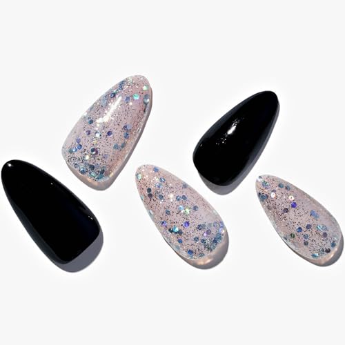 GLAMERMAID Black Press on Nails Short, Nude Glitter Medium Almond Glue on Gel Nails, Handmade Fake Nails Acrylic False Nails Stick on Nails Sets Kits Reusable Acrylic Nails Kit for Women Girls Gift