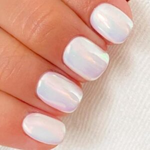 GLAMERMAID Chrome Glazed Press on Nails Extra Short Square, White Shell Handmade Gel Fake Nails Squoval, Donut Metal Powder Glossy Glue on False Nails Kits for Women Gift, Wedding Round Stick on Nails