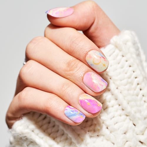 GLAMERMAID Color Ombre Press on Nails Extra Short Square, Spring Summer Tie-Dye Wave Glossy Gel Fake Nails Squoval, Galaxy Glitter Star Glue on False Nails Kit for Women, Round Oval Stick on Nail Set
