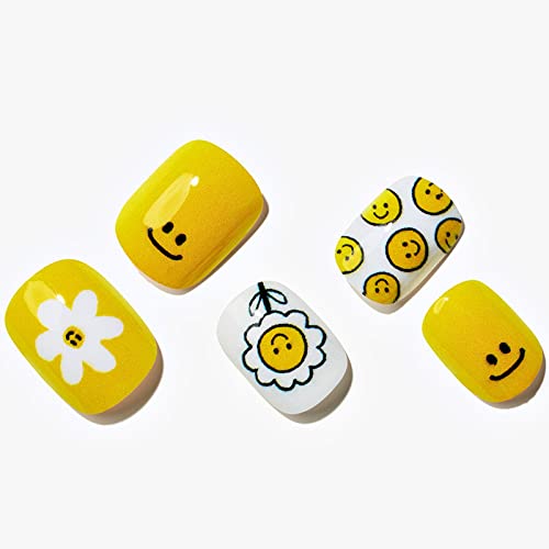 GLAMERMAID 24Pcs Yellow Floral Extra Short Squoval Gel Press On Nails Kit for Women - Image 2