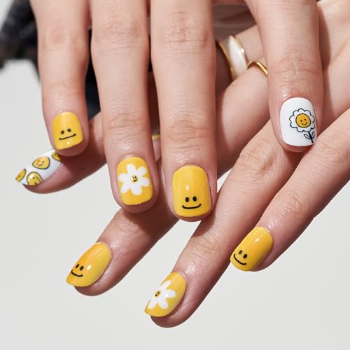 GLAMERMAID 24Pcs Yellow Floral Extra Short Squoval Gel Press On Nails Kit for Women - Image 3