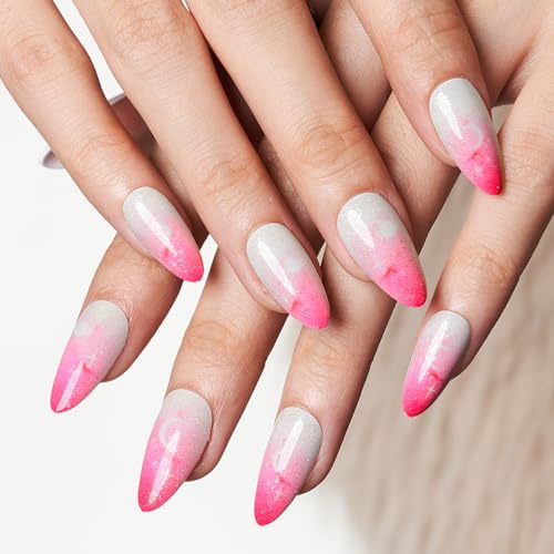 GLAMERMAID Hot Pink Ombre Press on Nails Short Almond, Gothic Pink Crush Nails Medium, Short White Glue on Nails Oval Stick on Fake Nails Gel Set, Glitter Acrylic Stiletto False Nail Kit for Women - Image 2