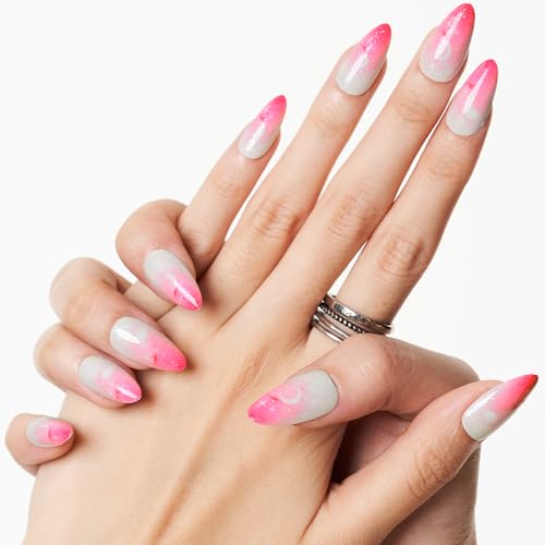 GLAMERMAID Hot Pink Ombre Press on Nails Short Almond, Gothic Pink Crush Nails Medium, Short White Glue on Nails Oval Stick on Fake Nails Gel Set, Glitter Acrylic Stiletto False Nail Kit for Women - Image 6