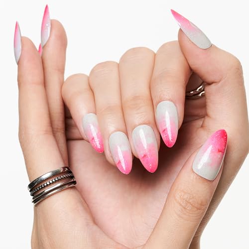 GLAMERMAID Hot Pink Ombre Press on Nails Short Almond, Gothic Pink Crush Nails Medium, Short White Glue on Nails Oval Stick on Fake Nails Gel Set, Glitter Acrylic Stiletto False Nail Kit for Women - Image 5
