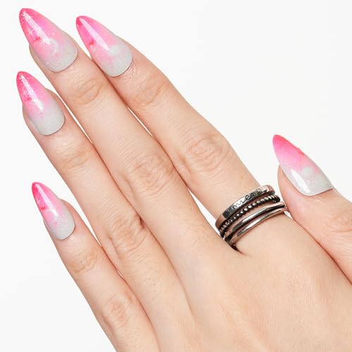 GLAMERMAID Hot Pink Ombre Press on Nails Short Almond, Gothic Pink Crush Nails Medium, Short White Glue on Nails Oval Stick on Fake Nails Gel Set, Glitter Acrylic Stiletto False Nail Kit for Women - Image 4