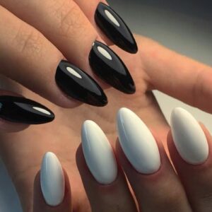 GLAMERMAID Medium Almond Black and White Short Fake Nail Kit for Women