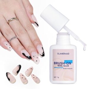 GLAMERMAID Medium Almond Press on Nails with Glue Sets,24 Pcs+7 Ml Black False Nails with Design,Glue on Nails Sets Kits with Adhesive Tabs,Reusable Acrylic Fake Nails for Women Girls
