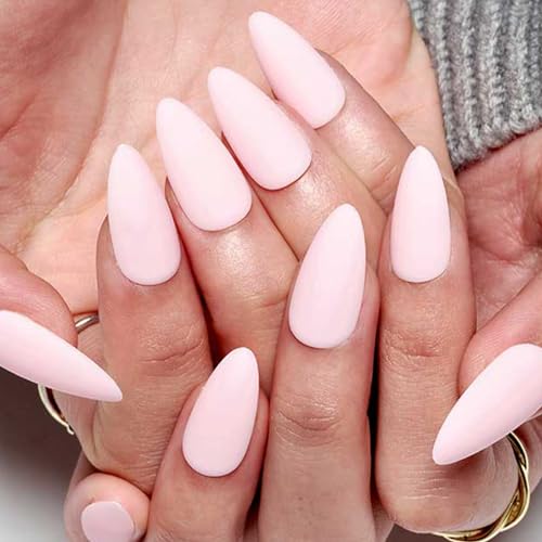 GLAMERMAID Medium Almond Pink Press On Nails 28 Pcs Reusable Acrylic Tips with Adhesive Tabs