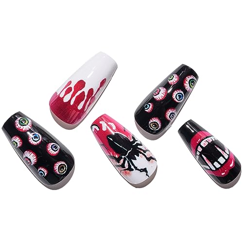 GLAMERMAID Medium Halloween Black Gothic Almond Eyeball Design Press-On Nails 24Pcs Reusable Manicure Kit