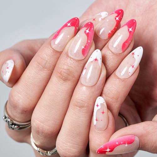GLAMERMAID Nude Press on Nails Medium Almond, Hot Pink White French Tip Short Stiletto Stick on Fake Nails for Women, Glitter Star Short Oval Glue on Nails Gel, Natural Reusable Acrylic False Nail Kit