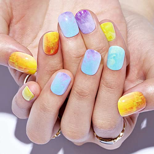 GLAMERMAID Press on Nails Extra Short Squoval, Spring Summer Colorful Neon Ombre Rainbow Glue on Gel Nails, 24Pcs Round Reusable UV Finish Fake Nails Acrylic False Nails Manicure Kits for Women Gifts