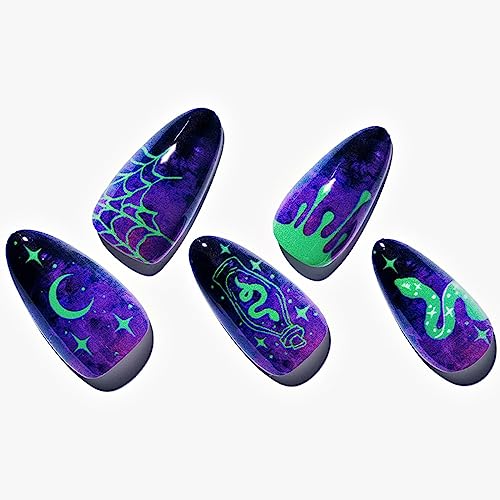 GLAMERMAID Press on Nails Medium Almond, Glamermaid Deep Blue Emo Fake Nail Short, Ombre Dark Purple Gothic Snake Short Oval Stick Glue on Nails Gel, Reusable Acrylic Gothic False Nails Kit for Women