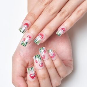 GLAMERMAID Press on Nails Short Square, Gel False Nails with Design,24 PCS Glue on Nails,Reusable Acrylic Stick on Nails Tips Manicure Set for Women,Magic Mushroom