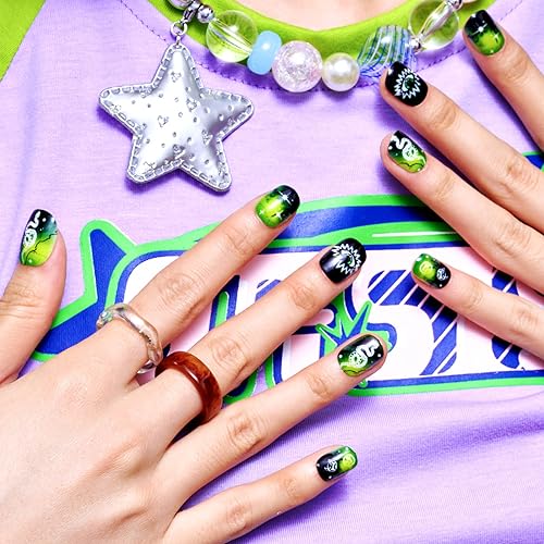 GLAMERMAID Press on Nails Squoval,Green Gel False Nails with Design,24 PCS Glue on Nails,Reusable Acrylic Stick on Nails Tips Manicure Set for Women,Serpentine Siren - Image 5