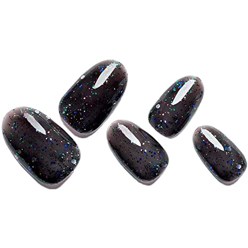 GLAMERMAID Short Oval Glossy Black Jelly Gel Handmade Press on Nails Reusable Full Cover