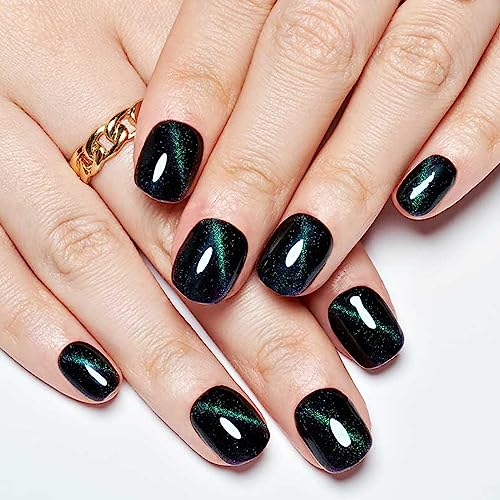 Short Square Black Cat Eyes Gel Press on Nails Blue Glitter Reusable Kit for Women - Image 2