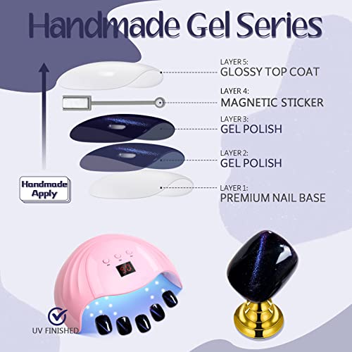 Short Square Black Cat Eyes Gel Press on Nails Blue Glitter Reusable Kit for Women - Image 6