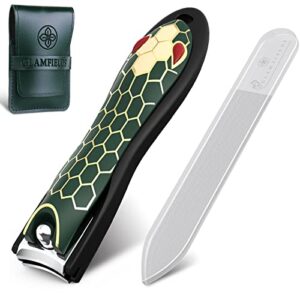 GLAMFIELDS Nail Clippers with Catcher, Anti Splash Sharp Fingernail Toenail Clipper with Nano Glass Nail File, Stainless Steel Nail Cutter Trimmer Detachable Easy Clean, Leather Case Packed (Green)