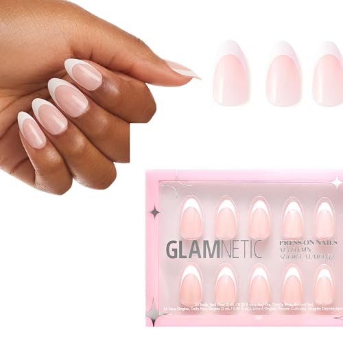 Glamnetic Press On Nails - Ma Damn | French Tip Nails, UV Finish Short Pointed Almond Shape, Reusable Semi-Transparent Nails in 12 Sizes - 24 Nail Kit with Glue