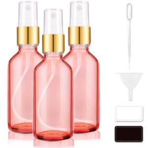 Glass Spray Bottles for Essential Oils, 4 oz Small Empty Refillable Sprayer Container with Golden Top, Labels, Funnel, Lids, Pipettes - Pocket Size 3 Pack - Pink