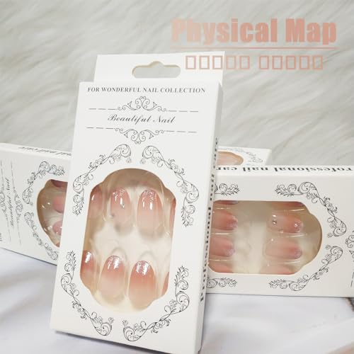 Glitter French Tips Press on Nails Short Oval with Blush Ombre Design, Glossy Rough Gradient Acrylic False Nails Stick on Nails for Women Girls, Rhinestones Manicure Art Fake Nails Gel Glue on Nails - Image 5