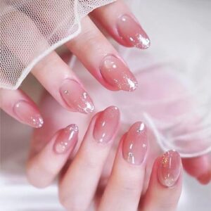 Glitter French Tips Press on Nails Short Oval with Blush Ombre Design, Glossy Rough Gradient Acrylic False Nails Stick on Nails for Women Girls, Rhinestones Manicure Art Fake Nails Gel Glue on Nails