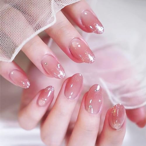 Glitter French Tips Press on Nails Short Oval with Blush Ombre Design, Glossy Rough Gradient Acrylic False Nails Stick on Nails for Women Girls, Rhinestones Manicure Art Fake Nails Gel Glue on Nails