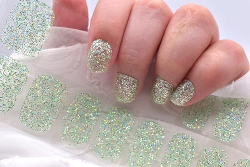 Glitter Gel Nail Strips Green Sequins Fully Cured Nail Polish Stickers Long Lasting Gel Nail Wraps UV Free Chip Resistant - Image 9