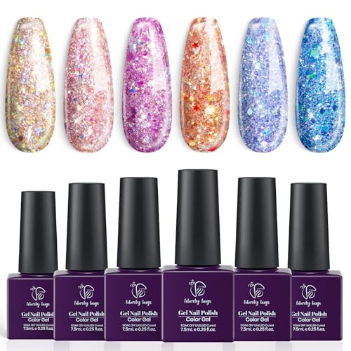 Glitter Gel Polish Set, 6 Colors Reflective Glitter Gel Nail Polish, Sparkle Shiny Hot Pink Gold Blue Nail Polish Gel,7.5ml,LED Lamp Cured,Diy Nail Kit,Home Nail Salon,Soak off,Gifts for Women