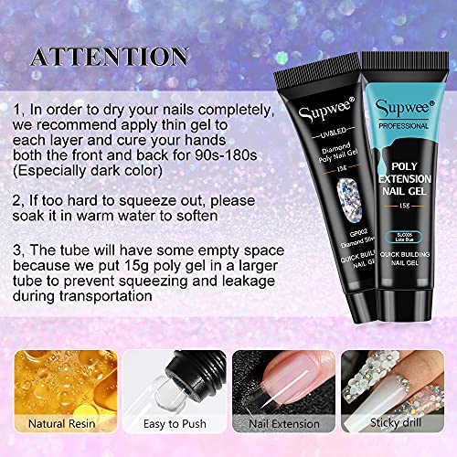 Glitter Poly Nail Gel Set 6 Colors Builder Nail Extension Gel Diamond Nail Extender Gel Kit with Poly Nail Forms Varnish Soak Off UV Gel Manicure Nail Salon Set - Image 2