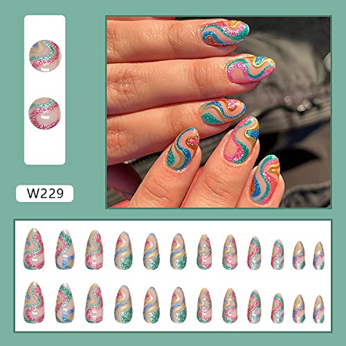 Glitter Snake Shape Almond Short Press On Nails Set 4 Colors for Women - Image 4