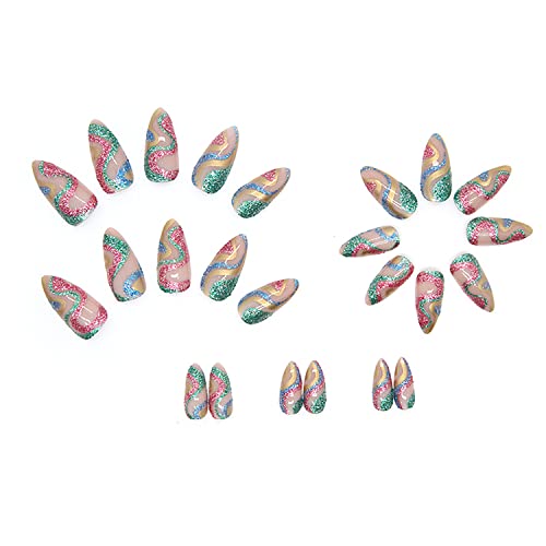 Glitter Snake Shape Almond Short Press On Nails Set 4 Colors for Women - Image 2