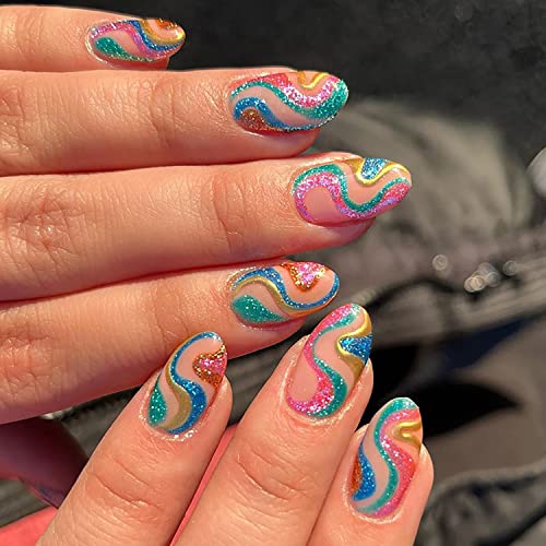Glitter Snake Shape Almond Short Press On Nails Set 4 Colors for Women