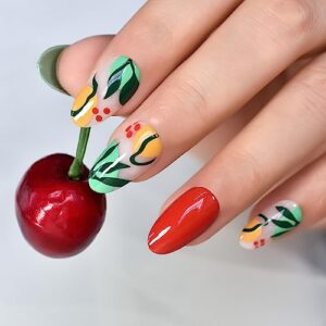 Glossy Press On Nails Pre-design Red Green False Nails with Summer Leaf Pattern Medium Length Oval Women Girls Gel Nail Art Tips Salon DIY Manicure Reusable Acrylic Fake Nails for Daily Office Home