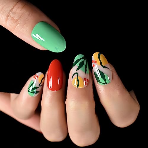 Glossy Press On Nails Pre-design Red Green False Nails with Summer Leaf Pattern Medium Length Oval Women Girls Gel Nail Art Tips Salon DIY Manicure Reusable Acrylic Fake Nails for Daily Office Home - Image 5