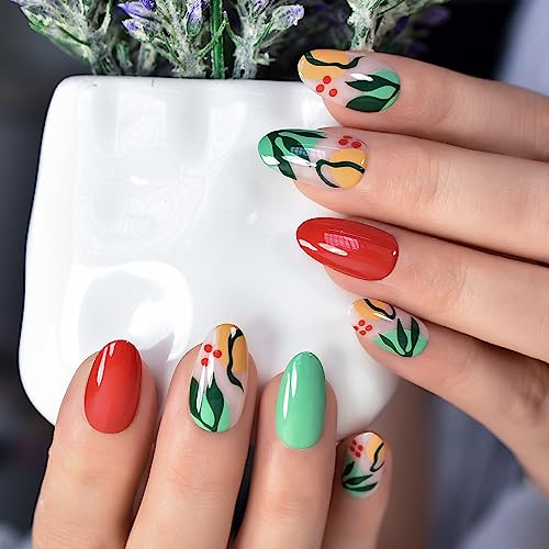 Glossy Press On Nails Pre-design Red Green False Nails with Summer Leaf Pattern Medium Length Oval Women Girls Gel Nail Art Tips Salon DIY Manicure Reusable Acrylic Fake Nails for Daily Office Home - Image 4