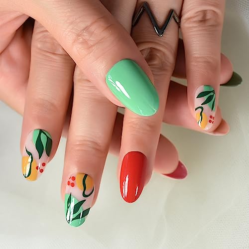 Glossy Press On Nails Pre-design Red Green False Nails with Summer Leaf Pattern Medium Length Oval Women Girls Gel Nail Art Tips Salon DIY Manicure Reusable Acrylic Fake Nails for Daily Office Home - Image 3